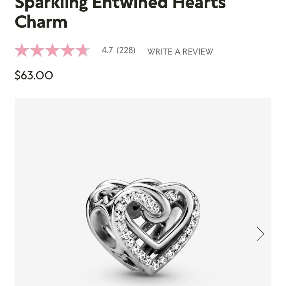 PANDORA SPARKLING ENTWINED SILVER HEARTS CHARM FOR BRACELET
